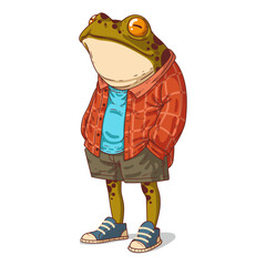 An Urban Frog, isolated vector illustration. Cartoon picture of a dreamy toad in casual outfit. Drawn animal sticker. An anthropomorphic frog on white background. A dressed animal character.