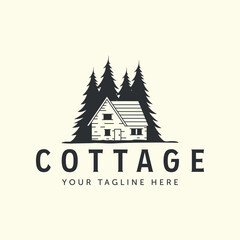 vintage cottage house and tree style logo vector illustration icon template design. barn, cabin, lodging logo design
