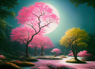 Fototapeta na wymiar fantasy landscape with pink trees, digital art