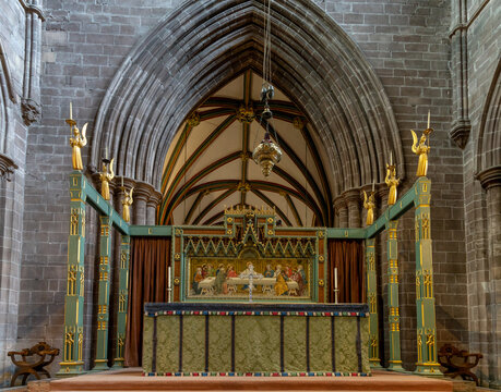 Ornate Gilded Altar With The Last Supper Painting Inside The Historic Chester Cathedral In Cheshire