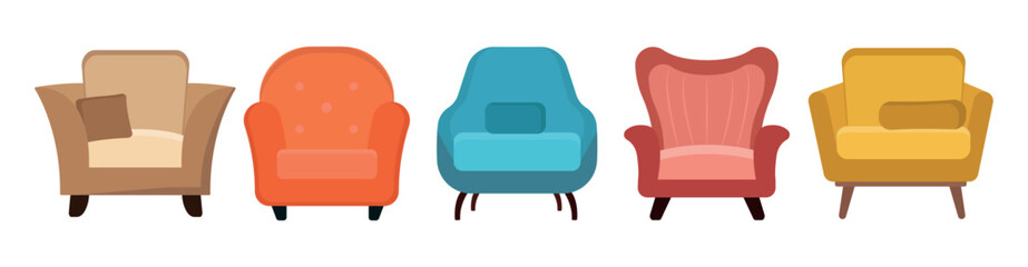 Set of colorful armchairs in cartoon style. Vector illustration of furniture for home and office interiors on white background.