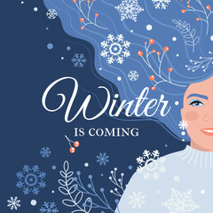 Postcard design with a young blue-Haired beautiful Girl and the inscription Winter is coming. Enjoy the Christmas concept. Vector illustration in flat style.