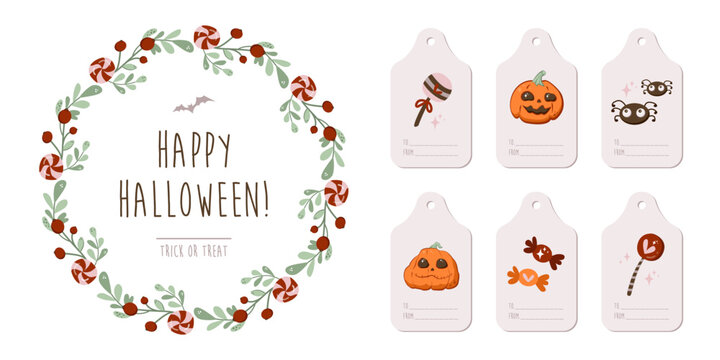 Templates Round frame of twigs and berries, wreath and tags, labels for signing and attaching to your gifts. Halloween symbols in cartoon style. Bats, smiley pumpkins, spiders, lollipops and sweets.