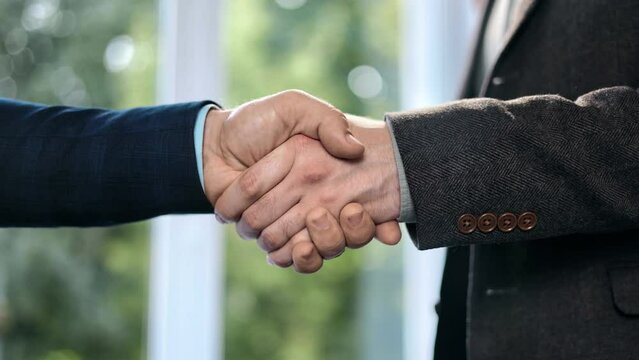 Two business male in suit handshaking making deal success partnership at office closeup