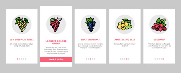 grape wine bunch fruit green onboarding mobile vector. leaf vine, fresh food, red vineyard, grapevine juice berry, purple organic plant grape wine bunch fruit green color line illustrations