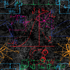Scientific seamless background with handwritten mathematical and physical formulas, electronic components, schematic diagram and circuit of  the devices. Electrician pattern on chalk boards. Vector.