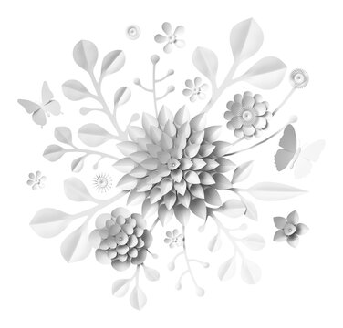 White paper craft flower bouquet with butterfly. 3d flower illustration
