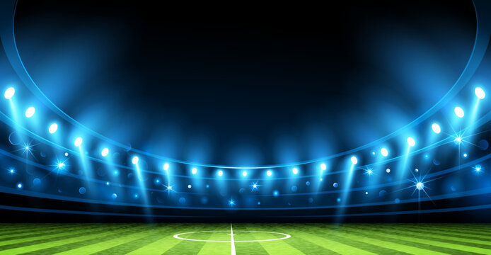Realistic football arena with spotlights. Stadium with filled stands with sports soccer fans and bright flashes of light. Vector
