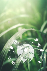 Sustainable energy and smart technology icon on blurred nature background, Environmental and Ecology concept. AI, Futuristic Smart virtual screen, Internet of things, social media, big data, metaverse