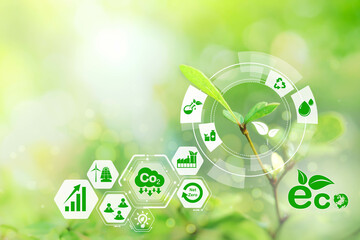 Sustainable energy and smart technology icon on blurred nature background, Environmental and Ecology concept. AI, Futuristic Smart virtual screen, Internet of things, social media, big data, metaverse