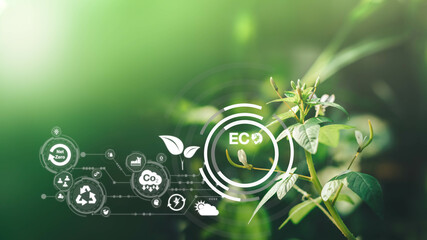 Sustainable energy and smart technology icon on blurred nature background, Environmental and...