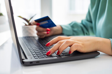 Woman's hand typing on laptop while doing online shopping