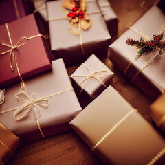 Fototapeta na wymiar Christmas gift boxes on the floor. Christmas gift