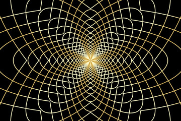 Distorted abstract lines, wireframe tunnel. The gold flower line on the black background.