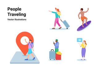 Travel Concept illustrations. Vector Illustration set. Collection of traveling with young people, men and women taking part in travel business activities. Tourist, trip, booking. vector flat style