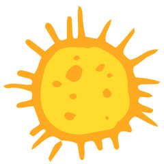 Yellow microbe in a flat style.an icon in the style of hand-drawn doodles, a round bacterium of bright yellow color with an orange outline and a texture of dots, as well as many strokes of chaotic whi