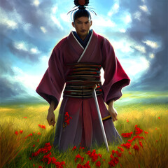Noble samurai standing in field, vibrant colors. illustration