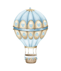 Blue hot air balloon with basket..Watercolor illustration isolated on white background. - 532021336