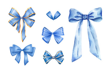 Blue bows.Watercolor illustration isolated on white background. - 532021343