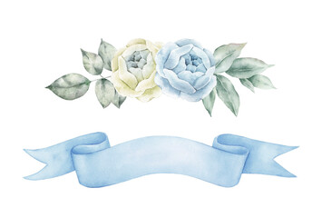 Watercolor bouquet of blue flowers with banner..Watercolor illustration isolated on white background. - 532021350