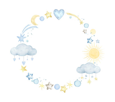 Watercolor frame with clouds,stars,moon,sun..Watercolor hand painted illustrations isolated on white background .