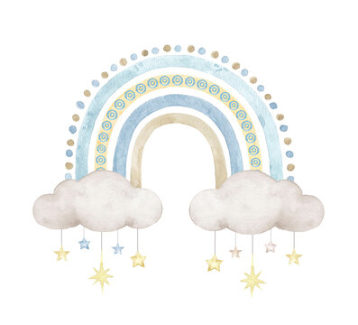 Cartoon blue rainbow with clouds..Watercolor hand painted illustrations for baby shower isolated on white background .