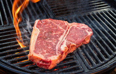 Raw dry aged wagyu porterhouse beef steak grilled as close-up on a charcoal grill with fire and smoke