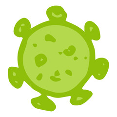 Vector icon of a round bacterium with short green tentacles. curls drawn by hand with a microline in the style of doodles on white for a design template