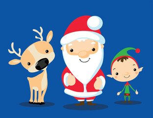 Santa Claus, Reindeer and Elf Cute Vector Simple Illustration Flat Design