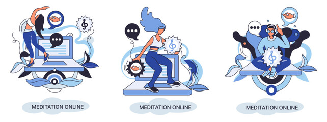 Meditation online metaphor. Classes on laptop, practicing yoga, mental exercises. Live stream, internet education. Wellness practice restore peace mind. Healthy lifestyle, clearing brain and managing