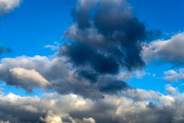Cyclone in the sky. The movement of clouds in the blue sky. snow white clouds