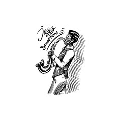 Fototapeta na wymiar Afro American Jazz saxophonist. Man playing a musical instrument. Hand drawn logo or badge. Sketch. Doodle vector illustration.