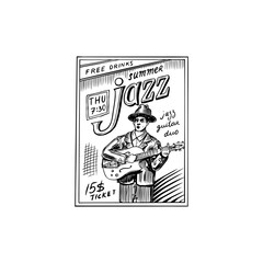  Male musician with a guitar in a hat. Hand drawn logo or badge.Jazz poster or banner. Doodle vector illustration. Hand drawn engraved Sketch. 