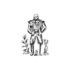 Sea Pirate. One-legged Marine sailor. Portrait of the seaman hook. Engraved hand drawn, vintage sketch for tattoo or print on t-shirt.