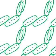 green microbe icon in double long shape with dots, seamless pattern in the style of hand-drawn doodles, double oval, connected bacteria with isolated green intersecting contour and texture of dots hig