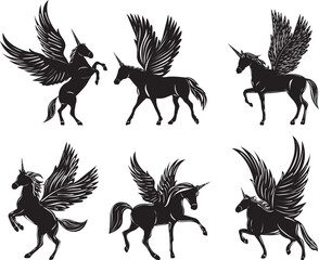 silhouette pegasus set on white background isolated vector