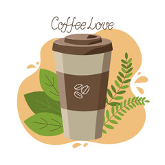  love of coffee, coffee in a glass. Lettering. Leaves, plants. Coffee beans. International Coffee Day. Vector graphics. Flat illustration. The background is isolated.