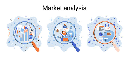 Market statistics data analysis metaphor marketing strategy development. Business research. Identify business needs determine solutions problems solving. View financial data through magnifying glass