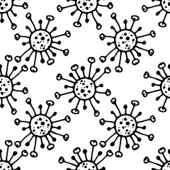 a pattern from the coronavirus virus. a seamless pattern of a hand-drawn microbe of a round shape with a texture of rays and dots in a flat style. isolated element black outline on white for design te