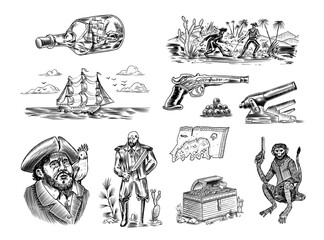 Sea Pirate with a parrot on his shoulder. One-legged Marine sailor. Sailboat and monkey, chest of gold and revolver. Seaman hook. Engraved hand drawn, vintage sketch for tattoo or print on t-shirt.