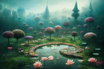 fairyland with fantasy trees and vegetation and little pond, digital art - obrazy, fototapety, plakaty