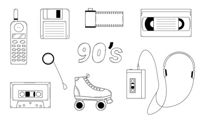 Hand drawn set of classic elements of the 80s, 90s. Retro pop culture items. Doodle style. Vector 