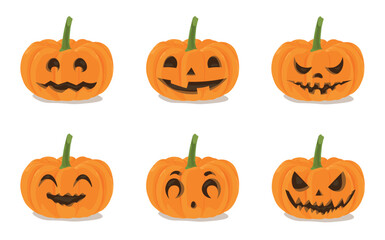 Set of carved Halloween pumpkins on white background