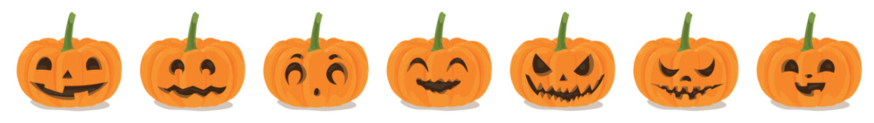 Set of carved Halloween pumpkins on white background