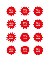 Set of 12 starburst shapes isolated on white background. Collection of tag product labels. Star burst price stickers. Red splash badges. Sale discount promo boxes, stamps. Vector illustration.
