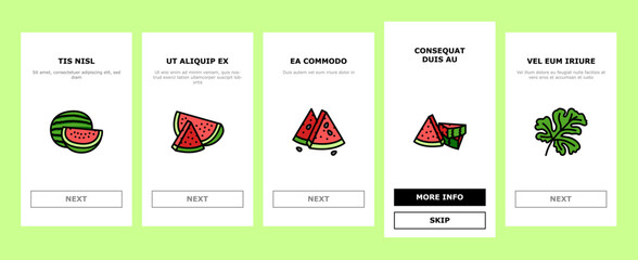 watermelon summer fruit slice onboarding mobile vector. melon red food, water juice, green fresh sweet, pink juicy, tropical seed watermelon summer fruit slice color line illustrations - obrazy, fototapety, plakaty