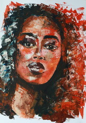 Portrait of a girl - painting with acrylic. Abstract portrait of a beautiful emotional girl. Conceptual abstract multicolor close up handmade acrylic drawing on canvas
