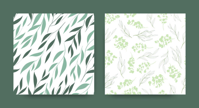 Hand Drawn Eucalyptus Pattern. Summer Botanic Print. Tropical Fabric Design. Seamless Eucalyptus Patterns Set. Palm Branches Wallpaper. Elegant Wedding Invitation. Herbal Eucalyptus Pattern.
