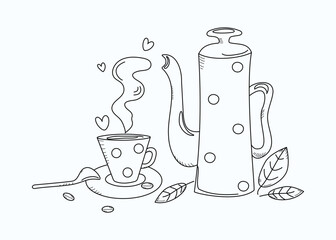Coffee pot, cup and spoon, doodle drawings. Hot drink, coffee. Mint leaf. Vector illustration.