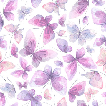 Delicate lilac butterflies on a white background, seamless pattern. Watercolor illustration. For fabric,textiles, wallpaper, wrapping paper, wrappers, covers, prints, clothing, souvenirs, accessories.